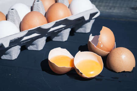 Eggs in shells - macro shot with shallow depth of field. Still life photo. Dough ingredient.