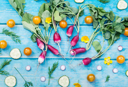 Artistic vacro photo of a bunch of farm grown radish surrounded by cucumber and tomatos. Organic...