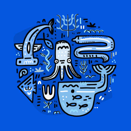 Underwater concept made in circle. Octopus, moray, hammerhead fish, whale, jellyfish, sunken ship. Handdrawn vector design.のイラスト素材