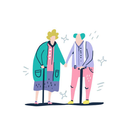 Aged couple with sticks. Grandparents on a white background. Handdrawn vector illustration in a flat style.のイラスト素材