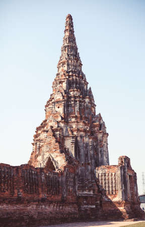 Overview of Ayutthaya temples in Thailand. Ruins of ancient brick walls, old pagoda.の写真素材