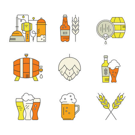 Modern line style series of brewery icons and different beer symbols for pub, bar or other brewing related business. Octoberfest icon series. Clean and modern line style vector art.のイラスト素材