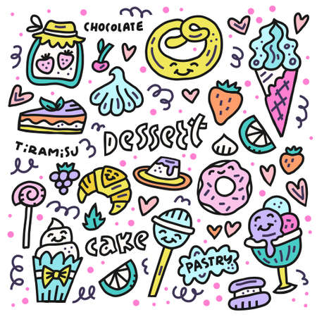 Flat hand drawn vintage set of bakery, desserts and other pastries. Colorful vector illustration.のイラスト素材