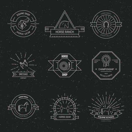 Set of equine logos and labels. Hipster style collection of emblems for horseriding school, horse supplies shop. Vector line art.のイラスト素材