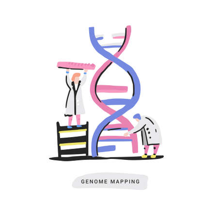 Scientist exploring DNA structure. Unique hand drawn design with nano technology concept.