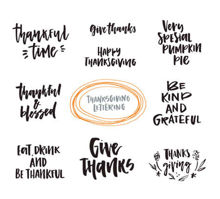 Big collection of hand written hansgiving lettering. Give thanks, be thankful and other thanks giving quotes.のイラスト素材
