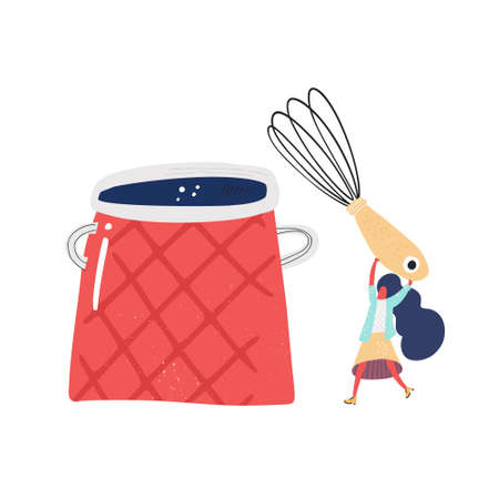 Big red pot and small lady with a wire whisk. Cooking illustration. Cartoon style.のイラスト素材