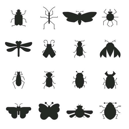 Collection of vector bug and insect silhouettes isolated on white background. Geometrical design elements made in vector.のイラスト素材