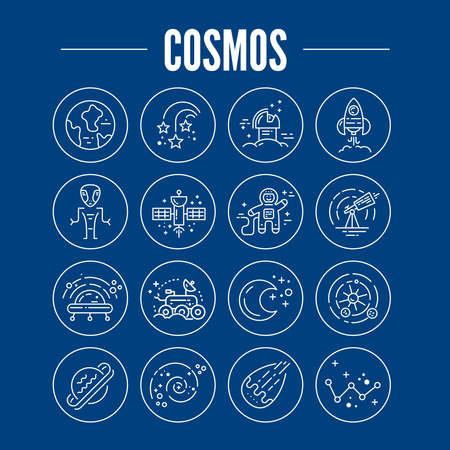 Space icons made in modern line style vector. Cosmos icons isolated on background and easy to use. Clean and simple vector space symbols. Space clipart.のイラスト素材