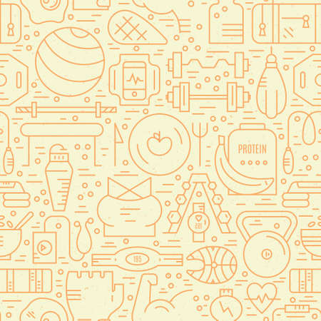 Perfect background for gym and sportclub design elements. Seamless pattern with different elements of healthy lifestyle.のイラスト素材