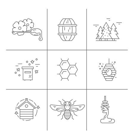 Honey icons with bees, honeycomb, dipper and other things. Honey labels and symbols made in vector.のイラスト素材