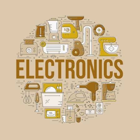 House appliances and electronics arranged in a circle with sign electronics. Vector line design element for banner. poster, home gear shop.のイラスト素材