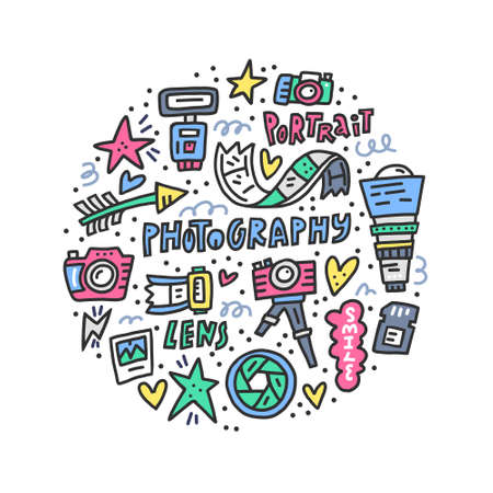 Vector doodle illustration with different symbols of photography for photo studio.のイラスト素材