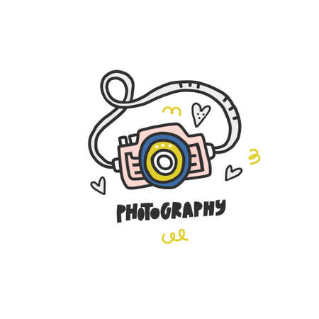 Photo camera and lettering - simple doodle style vector illustration. Photo studio logo conceptのイラスト素材