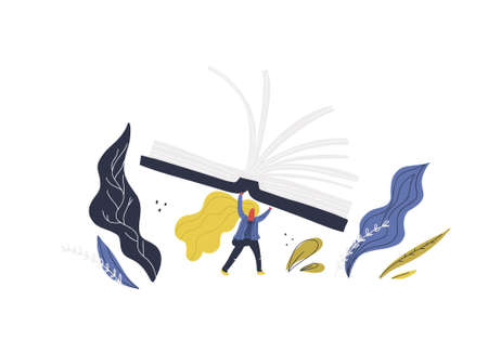 Small woman with giant books. Flat style vector illustration for book festival banner.のイラスト素材