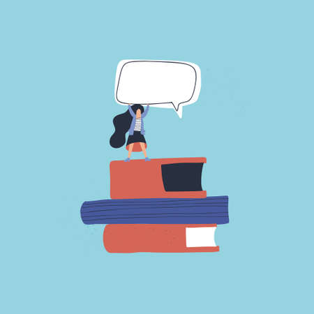 Woman standing on stack of books - flat vector conceptのイラスト素材