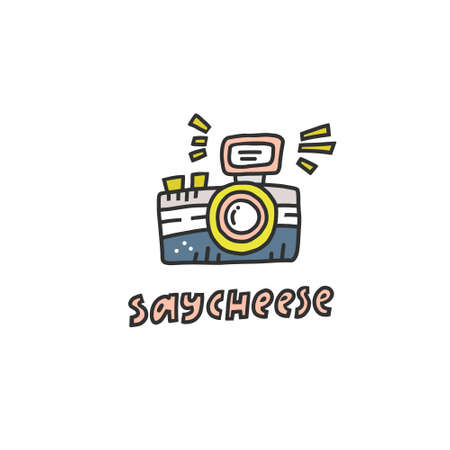 Photo camera and lettering - simple doodle style vector illustration. Photo studio logo conceptのイラスト素材