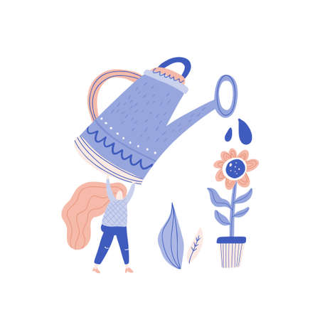 Small woman watering the plant in the pot - disproportional people vector series.のイラスト素材