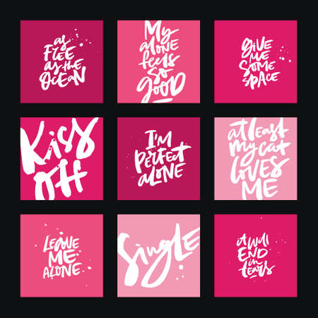Collection of brush lettering quotes on anti valenting sayings. Poster for single people with broken heart.のイラスト素材