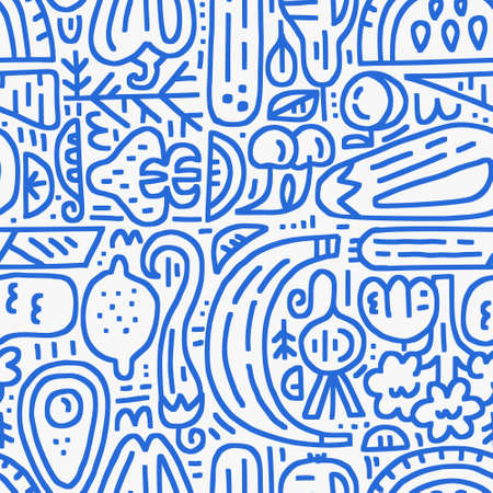 Fruits and veggies two-color seamless pattern. Organic and healthy food design. Vector illustration for ads, invitations, menu and web banner designs.のイラスト素材
