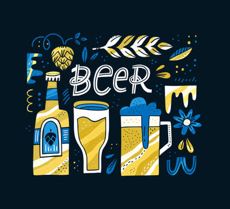 Handdrawn concept with beer quote and symbols like mug and wheat. Vector illustration. Poster for restaurant or ocroberfest.のイラスト素材
