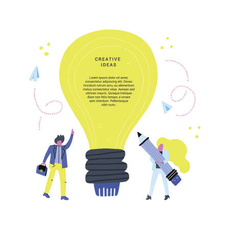 Group of people working around lightbulb - conceptual illustration for solving problems and creativity. Vector flat style drawing.のイラスト素材