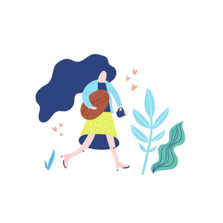Hand drawn illustration of woman carrying coffee mug and giant coffee bean. Conceptual vector illustration.のイラスト素材