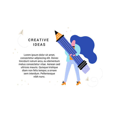 Illustration of woman holding pencil and place for your text. Creative course vector concept.のイラスト素材