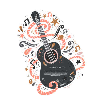 Illustration with acoustic guitar and place for your text on it. Great element for music festival or banner made in vector.のイラスト素材
