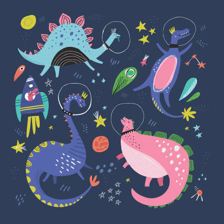 Cute dinosaurs in space hand drawn vector color characters set. Sketch dino astronauts, planets, rocket. Jurassic reptiles doodle drawing. Isolated fantastic cartoon kids book, textile illustrationのイラスト素材
