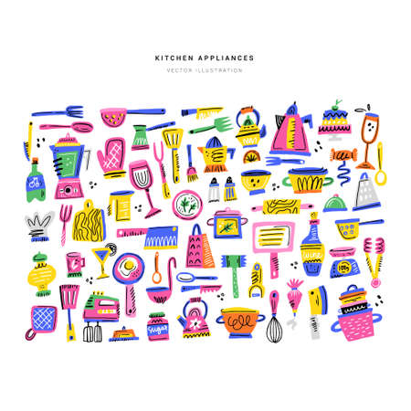 Cooking flat hand drawn illustrations set. Kitchen utensil and appliance design elements. Food preparation color cliparts. Kitchenware sketch collection. Isolated scandinavian cartoon kitchen itemsのイラスト素材