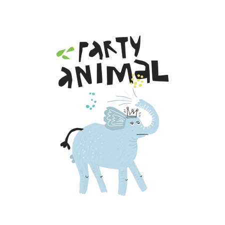 Elephant in crown hand drawn flat illustration. Party animal black handwritten lettering. Cool, lazy african mammal scandinavian sketch drawing. Isolated cartoon character. Greeting card designのイラスト素材