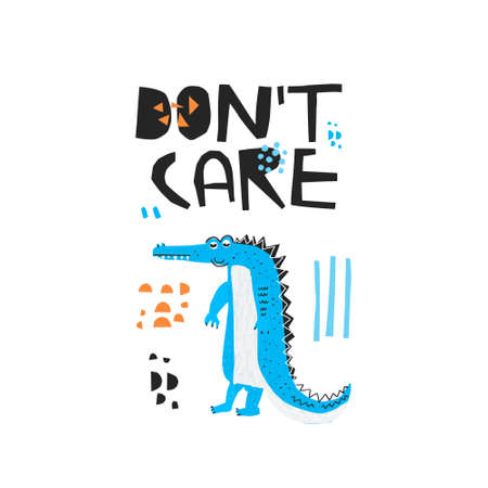 Careless crocodile hand drawn flat color illustration. Don't care black lettering. Lazy african animal isolated cartoon character. Funny blue alligator sketch drawing. T-shirt, typography designのイラスト素材