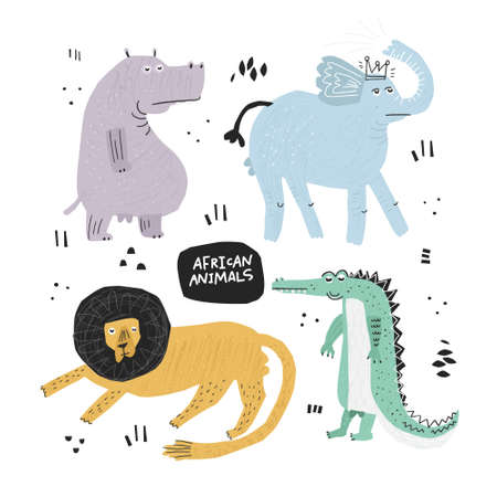African animals hand drawn flat color illustrations set. Safari sketch drawings. Lion, crocodile, elephant, hippo cartoon characters. Funny cartoon cliparts collection. Scandinavian style backgroundのイラスト素材