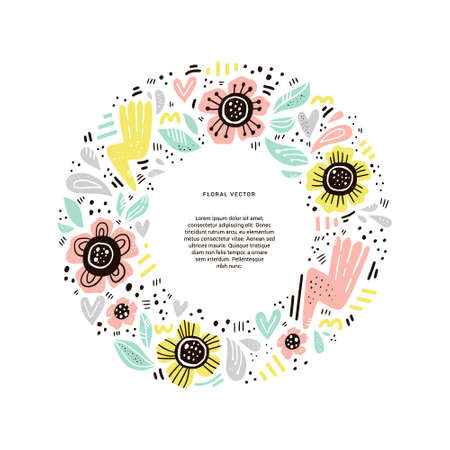 Floral round flat hand drawn frame. Circle border with flowers for text. Color blooming camomiles. Scandinavian style clip art with copyspace and blossom. Isolated greeting card, poster design elementのイラスト素材