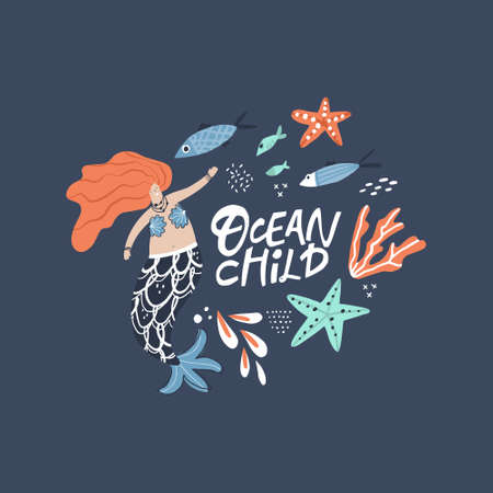Mermaid hand drawn flat illustration. Ocean child white lettering. Underwater magical life. Red-haired girl with tail character. Marine mythical creature and fish, corals, starfish cartoon clipartのイラスト素材