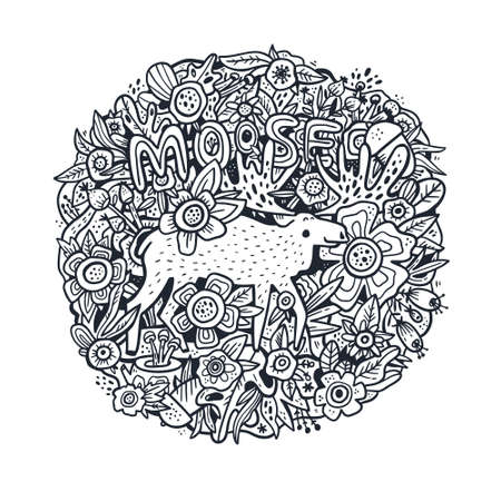 Cute moose hand drawn outline illustration. Reindeer, deer doodle contour clipart. Woodland animal. Elk clipart. Forest fauna ink pen sketch drawing. Zoo mammal. Kids coloring book design elementのイラスト素材