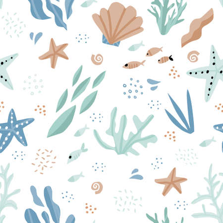Sea world cartoon hand drawn seamless pattern. Seaweed, coral, starfish, fish, shells flat illustrations. Marine, nautical backdrop. Underwater life. Aquarium creatures. Textile, wrapping paper designのイラスト素材