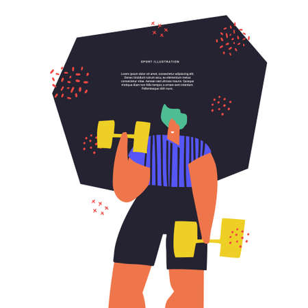 Lifting dumbbells hand drawn vector illustration. Person in sportive clothes working out cartoon character. Healthy lifestyle. Gym, fitness club banner, magazine article concept with copyspaceのイラスト素材