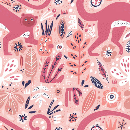 Monkey flat hand drawn seamless pattern. Rainforest, jungle wild animal wrapping paper. Palm and fern leaves background. Flowers and pineapples in scandinavian style. Botanical vector backdropのイラスト素材