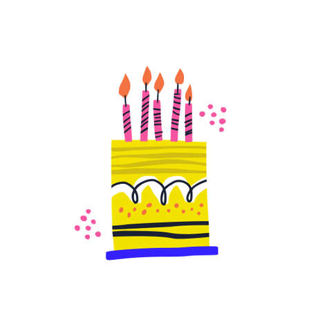 Birthday cake vector handdrawn illustration. Burning candles with lines ornament on B-day pie. Festive pastry isolated clip art for postcard. Five years anniversary celebration flat greeting cardのイラスト素材