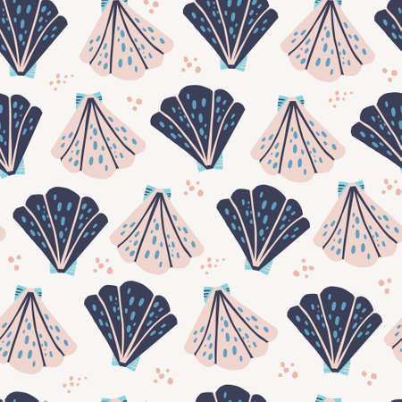 Scallops flat hand drawn seamless pattern. Tropical exotic marine textile ornament. Underwater life...
