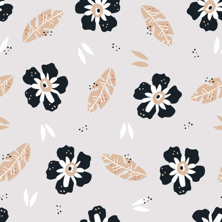 Flowers flat hand drawn seamless pattern. Blooming black and white poppies vector wrapping paper. Palm leaves textile ornament. Floral vector backdrop in scandinavian style. Summer nature のイラスト素材