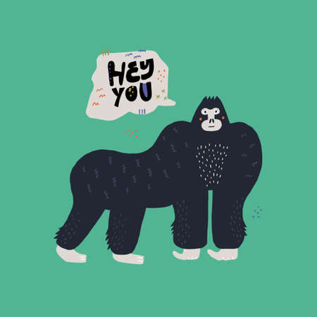 Gorilla vector hand drawn illustration. Cartoon primat character isolated clipart. Hey bro lettering...