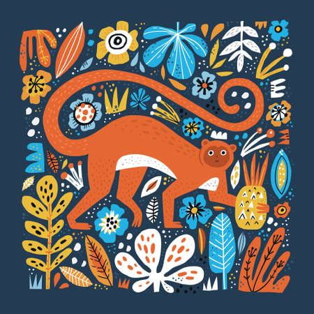 Monkey flat hand drawn floral background. Wild rainforest animal vector poster. Flowers and leaves...