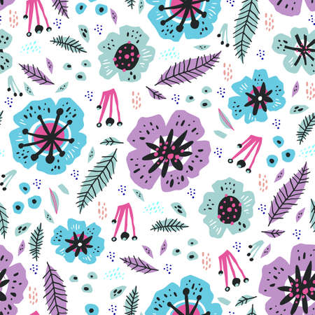Floral vector hand drawn seamless pattern. Pastel flowers, leaves and mushrooms on white background. Botanical, forest  flat backdrop. Multicolor poppies wrapping paper in scandinavian styleのイラスト素材