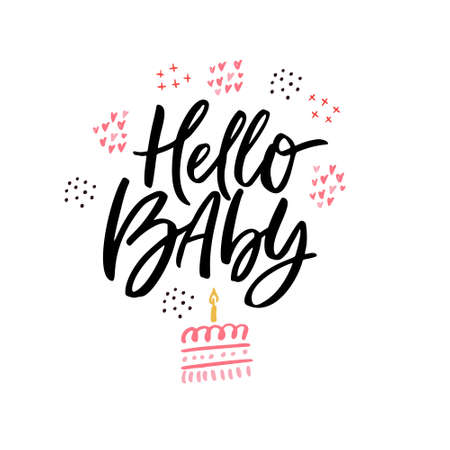 Hello baby hand drawn vector calligraphy. Baby shower, arrival vector postcard with lettering. Welcome newborn party invitation card. Birthday cake doodle drawing. One year anniversary celebrationのイラスト素材