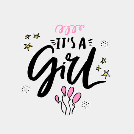 Its a girl flat hand drawn lettering. Ink calligraphy. Cartoon stars and balloons postcard. Gender reveal party vector greeting card. Baby shower, arrival celebration invitation cardのイラスト素材