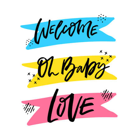 Lettering hand drawn vector illustrations set. Welcome, Oh Baby, Love ink calligraphy. Romantic phrase on pink ribbon, tags. Baby shower party celebration, invitation postcards design elementsのイラスト素材