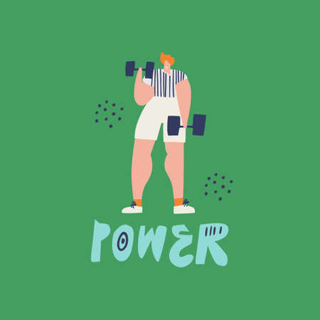 Training with dumbbells hand drawn illustration. Redhead person in sportswear cartoon character. Motivating vector drawing on green background. Power vector lettering. Banner, poster flat designのイラスト素材